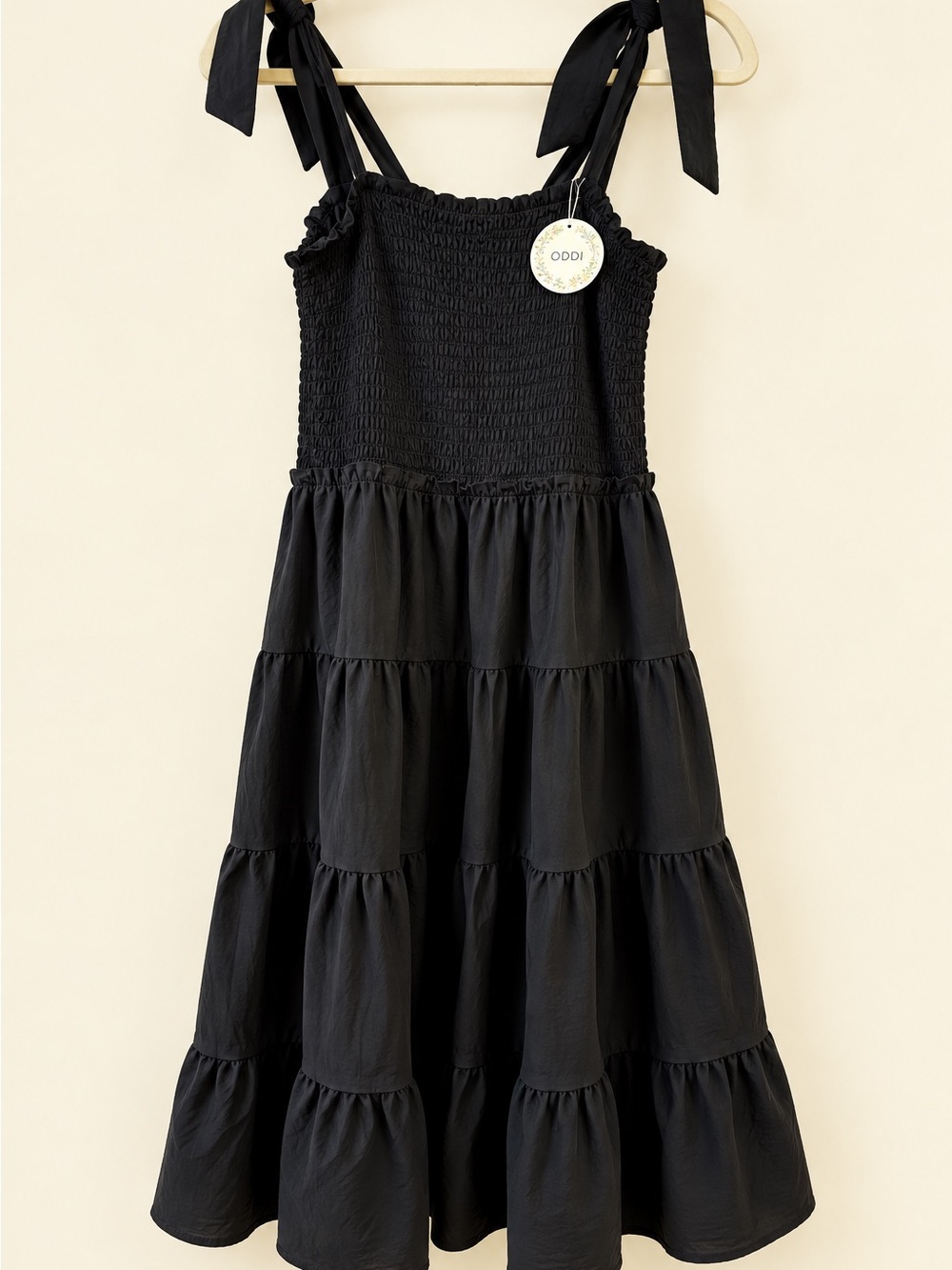 ODDI Black Smocked Tiered Midi Dress with Tie Straps